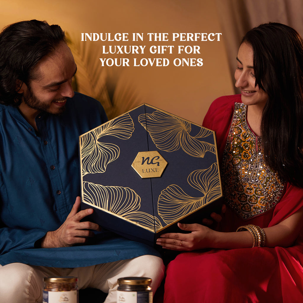 LUXE EDITION Premium Dry Fruit Gift Box | Curated Selection of Jumbo Dates, Cashews, Almonds, Raisins, Pecans & Pistachios | Includes Elegant Brass Finish Bowl |1.15kg |