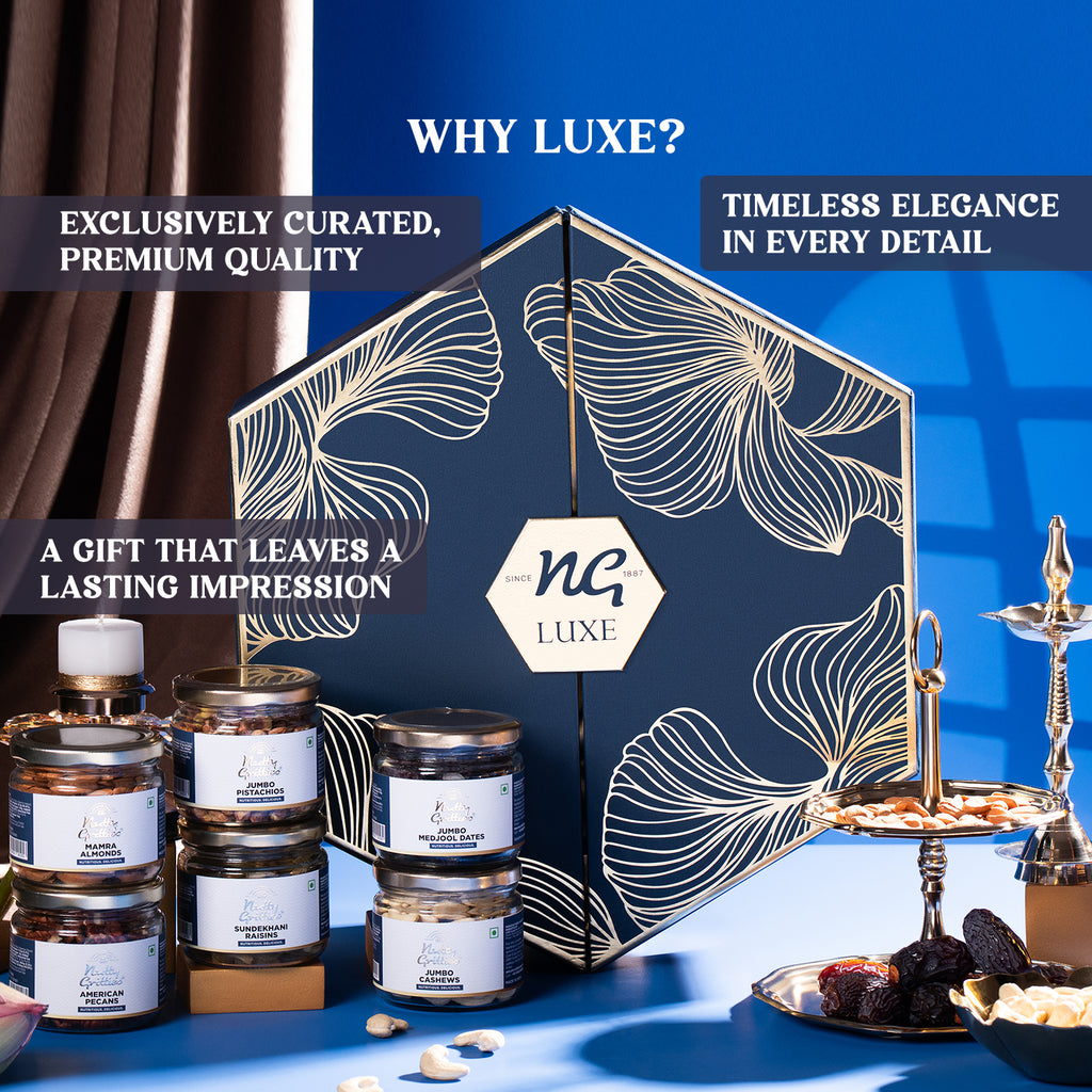 LUXE EDITION Premium Dry Fruit Gift Box | Curated Selection of Jumbo Dates, Cashews, Almonds, Raisins, Pecans & Pistachios | Includes Elegant Brass Finish Bowl |1.15kg |