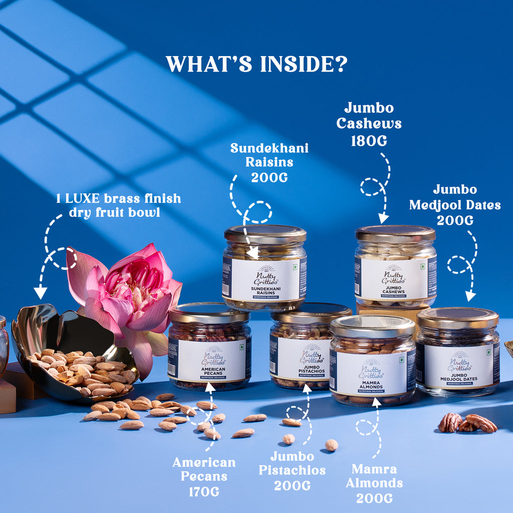 LUXE EDITION Premium Dry Fruit Gift Box | Curated Selection of Jumbo Dates, Cashews, Almonds, Raisins, Pecans & Pistachios | Includes Elegant Brass Finish Bowl |1.15kg |
