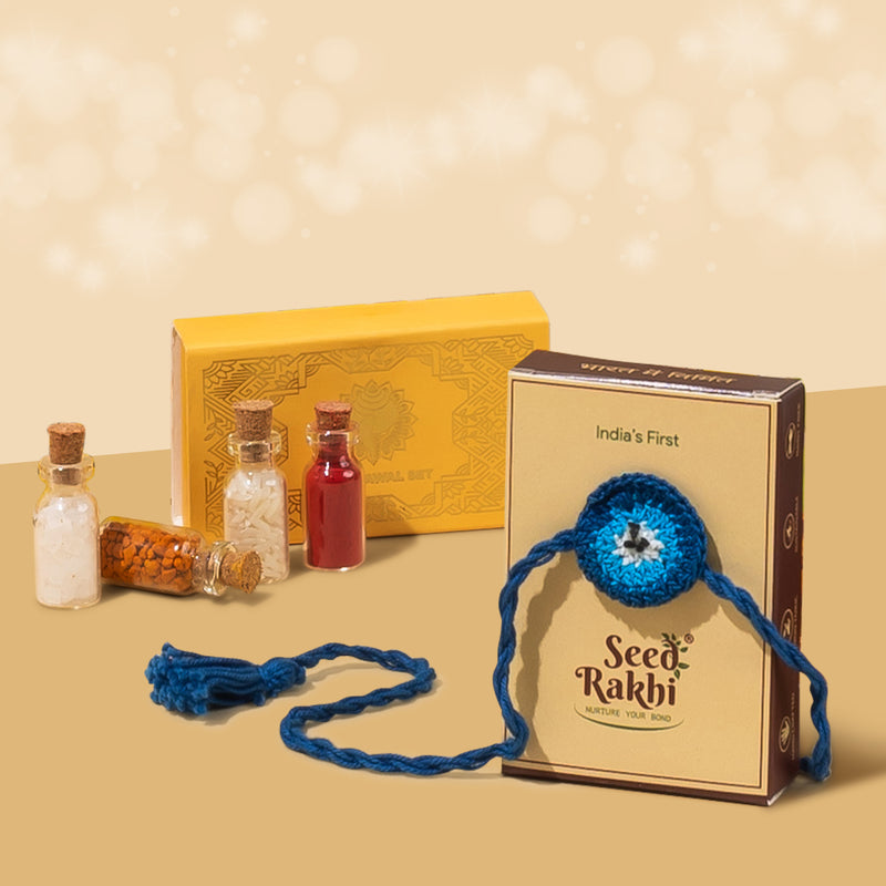 Evil Eye Seed Rakhi with Roli, Chandan, Chawal & Mishri Set