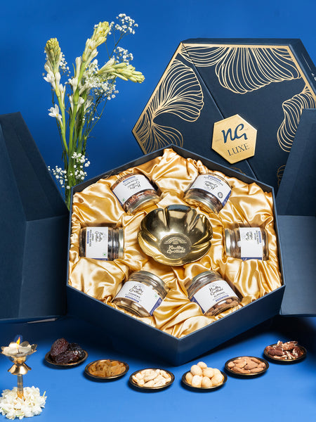 Nutty Gritties LUXE EDITION Premium Dry Fruit Gift Box  | Curated Selection of Jumbo Dates, Cashews, Almonds, Raisins, Pecans &  Macadamia | Includes Elegant Brass Finish Bowl | 1.08KG
