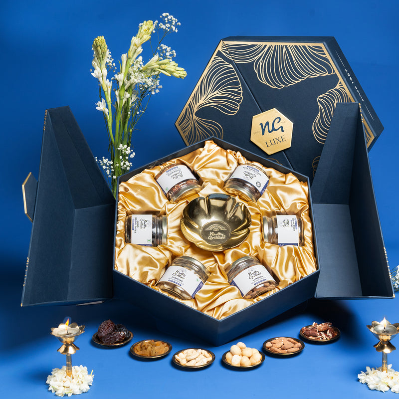 Nutty Gritties LUXE EDITION Premium Dry Fruit Gift Box  | Curated Selection of Jumbo Dates, Cashews, Almonds, Raisins, Pecans &  Macadamia | Includes Elegant Brass Finish Bowl | 1.08KG