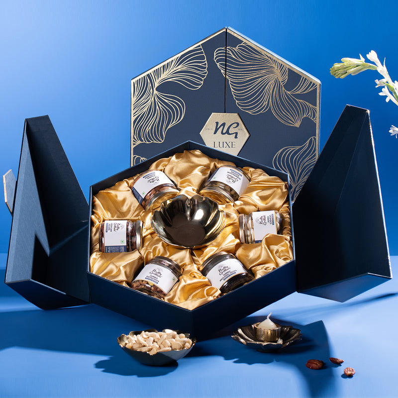 LUXE EDITION Premium Dry Fruit Gift Box | Curated Selection of Jumbo Dates, Cashews, Almonds, Raisins, Pecans & Pistachios | Includes Elegant Brass Finish Bowl |1.15kg |