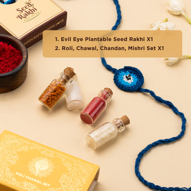 Evil Eye Seed Rakhi with Roli, Chandan, Chawal & Mishri Set