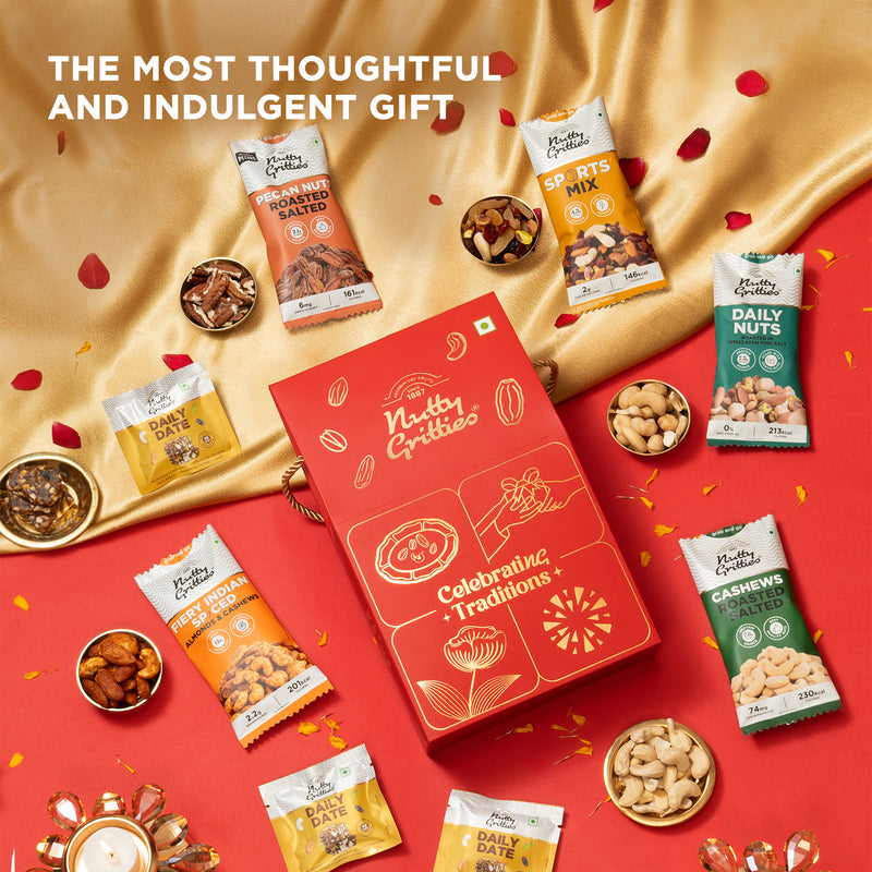Nutty Gritties Celebrating Traditions Gift Box | Exceptional Nuts, Dry Fruits & Better-for-You Snacks | 206g