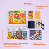 Rakhi Celebration Hamper for brother (7 inclusions)- Thai Chilli Blend 40g, Smoked Cocktail Mixed Nuts 40g, Daily Nuts 35g, Barbeque Almonds 40g, SoxyToes Socks, with Plantable Seed Rakhi & Roli Chawal Chandan Mishri Set