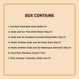 Rakhi Celebration Hamper for brother (7 inclusions)- Thai Chilli Blend 40g, Smoked Cocktail Mixed Nuts 40g, Daily Nuts 35g, Barbeque Almonds 40g, SoxyToes Socks, with Plantable Seed Rakhi & Roli Chawal Chandan Mishri Set