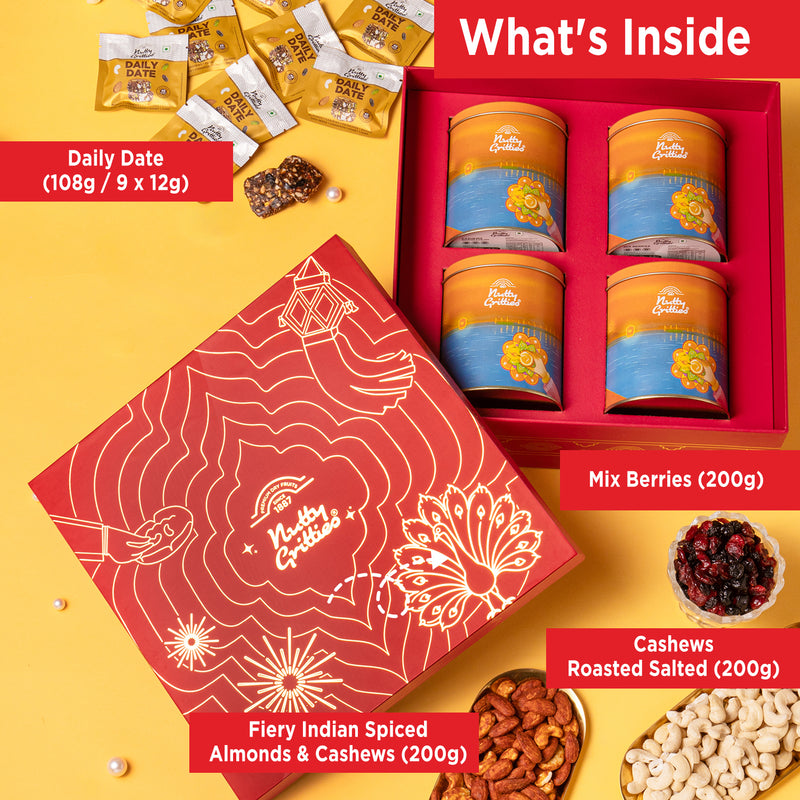 Nutty Gritties Festive Indulgence Premium Gift Box | Special Premium Dry Fruits & Nut Mixes in Reusable Tin Jars (708g))