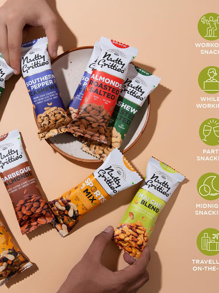Grab And Go Mix Combo Sports Mix, Roasted Salted Almonds & Cashews, Thai Chilli Blend, Pepper Cashews, Barbeque Almonds (Pack of 6x40g each ) - 240g