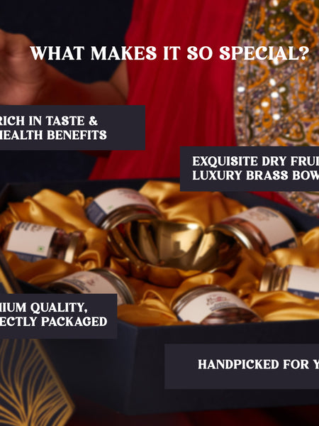 Nutty Gritties LUXE EDITION Premium Dry Fruit Gift Box  | Curated Selection of Jumbo Dates, Cashews, Almonds, Raisins, Pecans &  Macadamia | Includes Elegant Brass Finish Bowl | 1.08KG