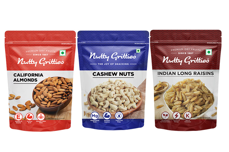 Combo Pack - California Almonds, Cashew Nuts and Long Raisins, 600g