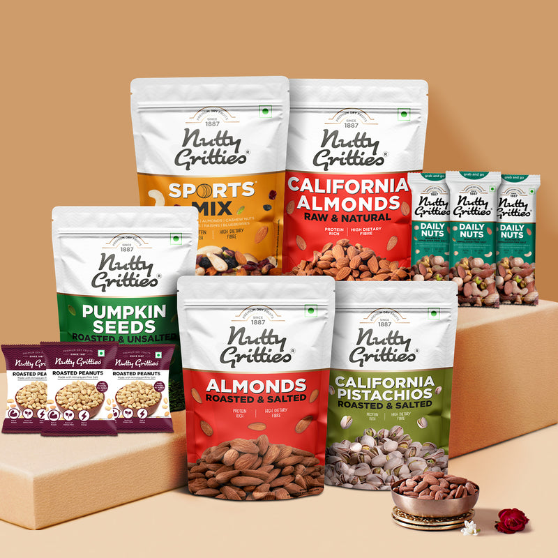 Everyday Protein Packed Combo- Sports Mix - 200g, Roasted Almonds Roasted & Salted 200g, California Almonds - 200g, California Pistachios Roasted & Lightly Salted - 200g, Roasted Unsalted Pumpkin Seeds - 200g, Daily Nuts (35g x3), Roasted Peanuts (40g x3)