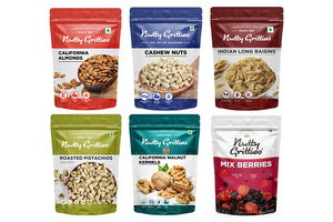 Mixed Dry Fruits and Berries Combo, 1.2Kg | California Almonds, Cashews Nuts, Long Green Raisins, California Walnuts Kernels, Roasted Salted Pistachios, Mix Berries (200g Each)