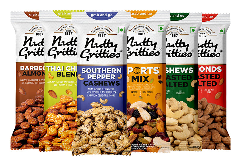 Grab And Go Mix Combo Sports Mix, Roasted Salted Almonds & Cashews, Thai Chilli Blend, Pepper Cashews, Barbeque Almonds (Pack of 6x40g each ) - 240g