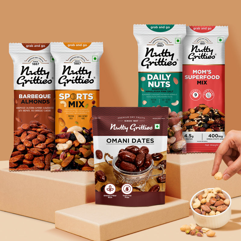 Founder Favourite combo- Daily Nuts 35G, Barbeque Almonds 40G, Sports Mix 40G, Mom's Superfood Mix 28g, Omani Dates 35G