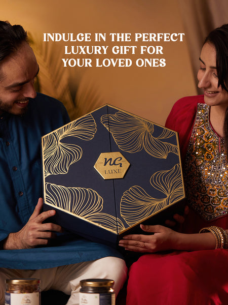 Nutty Gritties LUXE EDITION Premium Dry Fruit Gift Box  | Curated Selection of Jumbo Dates, Cashews, Almonds, Raisins, Pecans &  Macadamia | Includes Elegant Brass Finish Bowl | 1.08KG