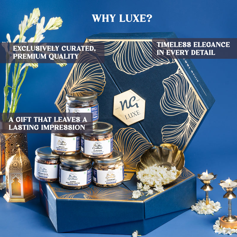 Nutty Gritties LUXE EDITION Premium Dry Fruit Gift Box  | Curated Selection of Jumbo Dates, Cashews, Almonds, Raisins, Pecans &  Macadamia | Includes Elegant Brass Finish Bowl | 1.08KG