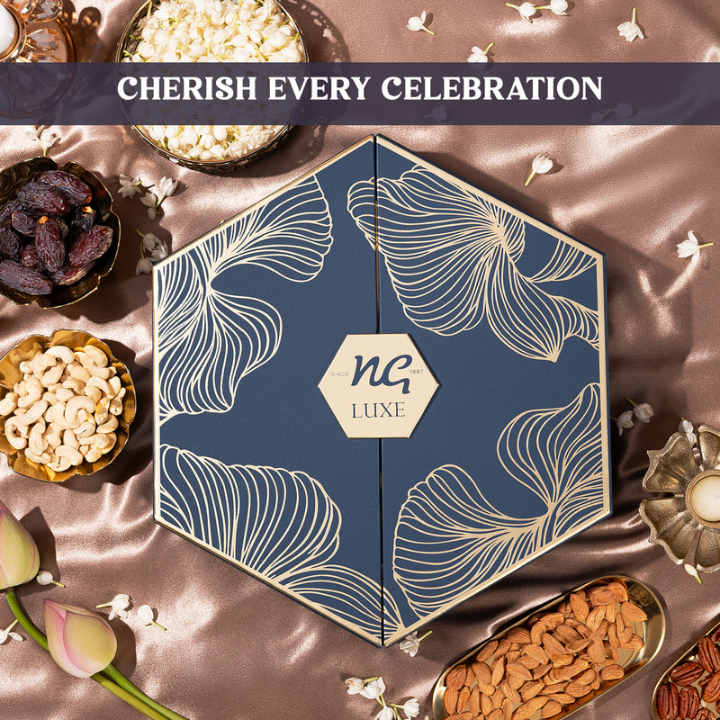 Nutty Gritties LUXE EDITION Premium Dry Fruit Gift Box  | Curated Selection of Jumbo Dates, Cashews, Almonds, Raisins, Pecans &  Macadamia | Includes Elegant Brass Finish Bowl | 1.08KG