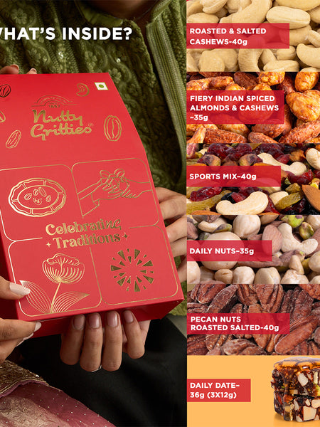 Nutty Gritties Celebrating Traditions Gift Box | Exceptional Nuts, Dry Fruits & Better-for-You Snacks | 206g
