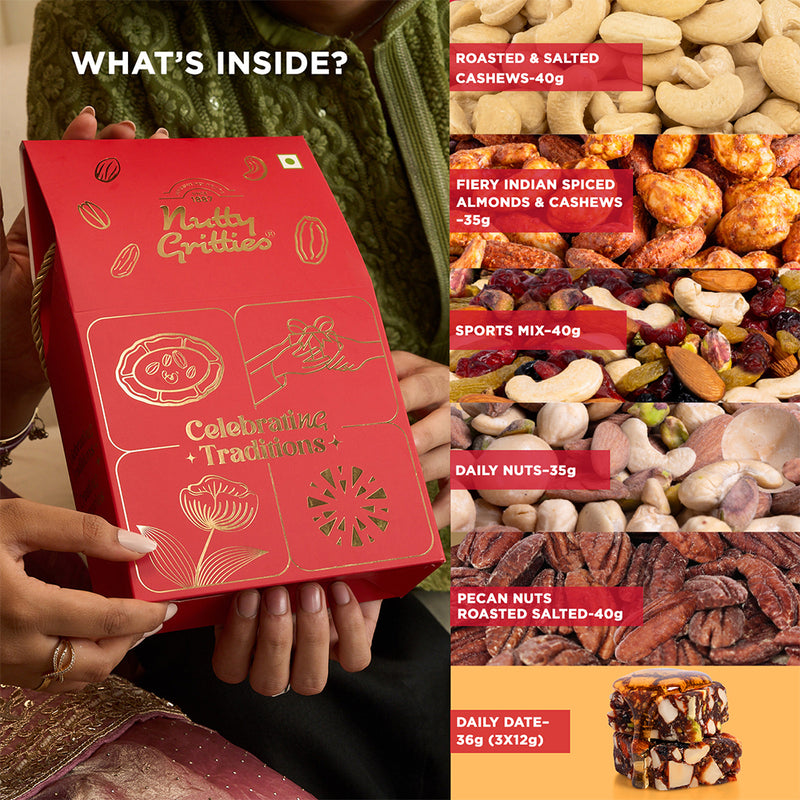 Nutty Gritties Celebrating Traditions Gift Box | Exceptional Nuts, Dry Fruits & Better-for-You Snacks | 206g