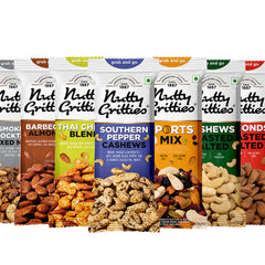 Grab And Go Mix Combo  Sports Mix, Pepper Cashews, Barbeque Almonds, Thai Chilli Blend, Daily Nuts, Smoked Cocktail Mixed Nuts, Roasted Salted Almonds and Cashew, Pistachios  (Pack of 9, 1 each), 350g