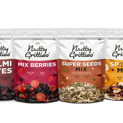 Nuts, Dates, Berries Combo - Sports Mix 350g, Kalmi Dates 350g, Super Seeds Mix 200g, Mix Berries 200g (1.1kg)