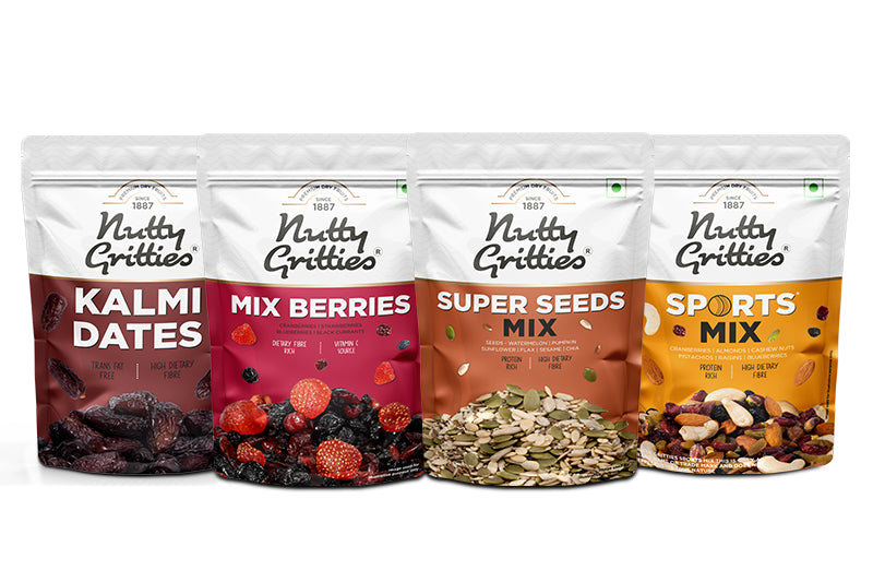 Nuts, Dates, Berries Combo - Sports Mix 350g, Kalmi Dates 350g, Super Seeds Mix 200g, Mix Berries 200g (1.1kg)