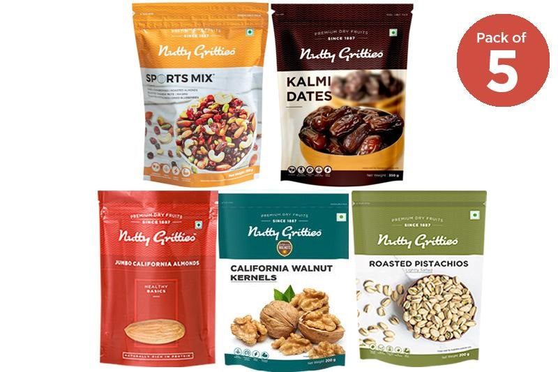 Sports Mix 350 g, Kalmi Dates 350 g, Roasted Pistachios 200 g, Jumbo California Almonds 500 g, California Walnut Kernels 200g - 1.6kg