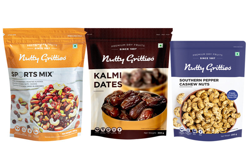 Energy Rich Combo - Sports Mix 350g, Kalmi Dates 350g, Pepper Cashews 200g (900g)